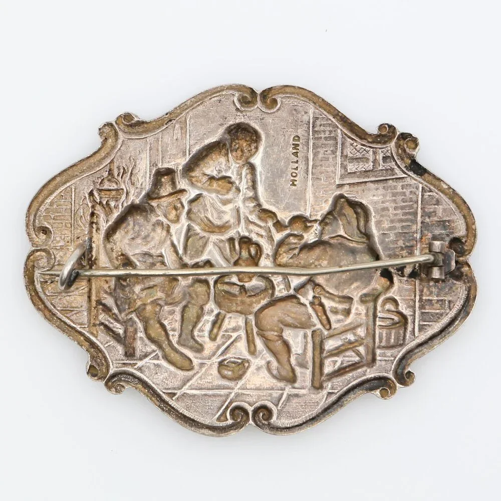 Victorian Holland Repoussé Tavern Scene Brooch Dutch Silver‎ Tone Folk Art Pin